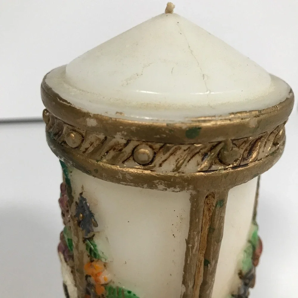 Vintage Floral Basket Relief Pillar Candle Gold Trim Decorative White Wax